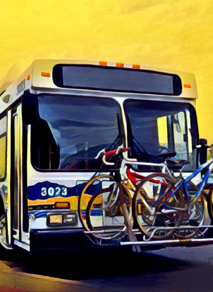 Bus painting with bikes on front